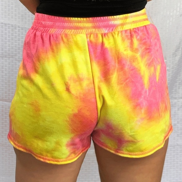 ! SALE ! At Cost Pink and Yellow Tie Dye Sweat Lounge Shorts - Picture 2 of 2